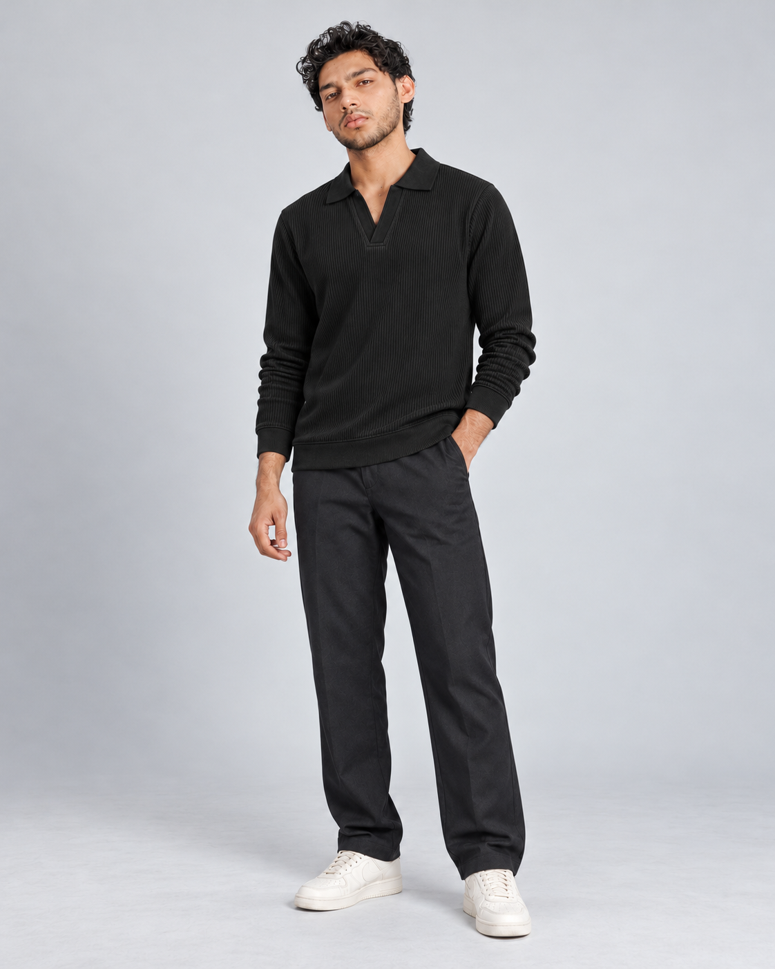 The Johnny Waffle Knit Polo — Classic Black