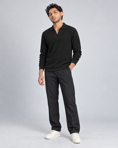 The Johnny Waffle Knit Polo — Classic Black