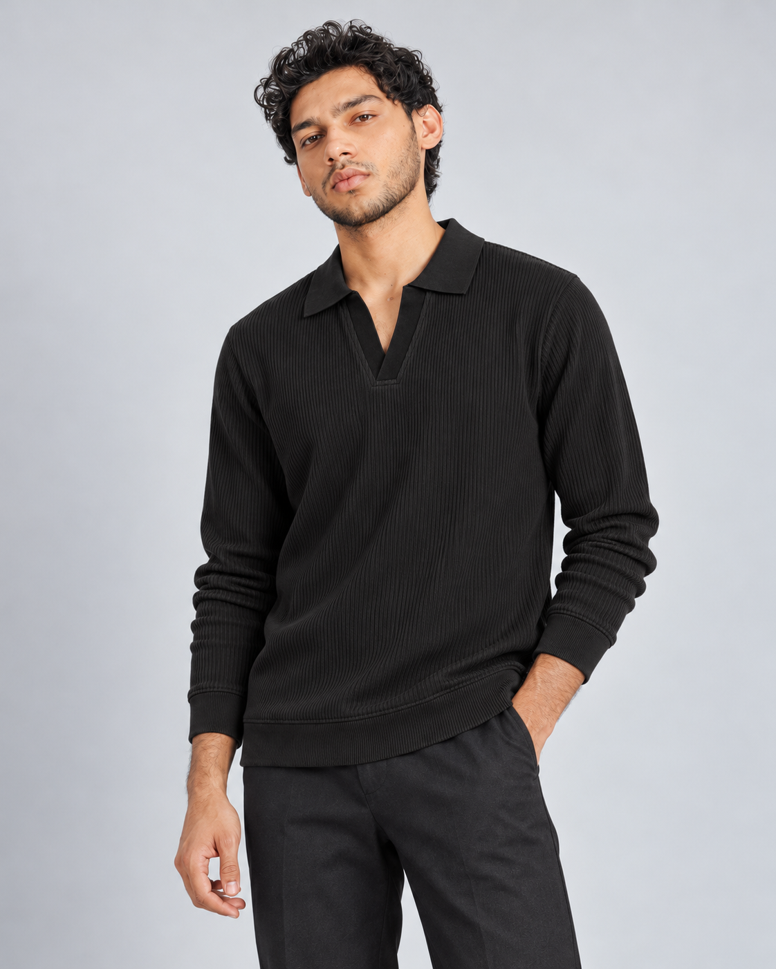 The Johnny Waffle Knit Polo — Classic Black