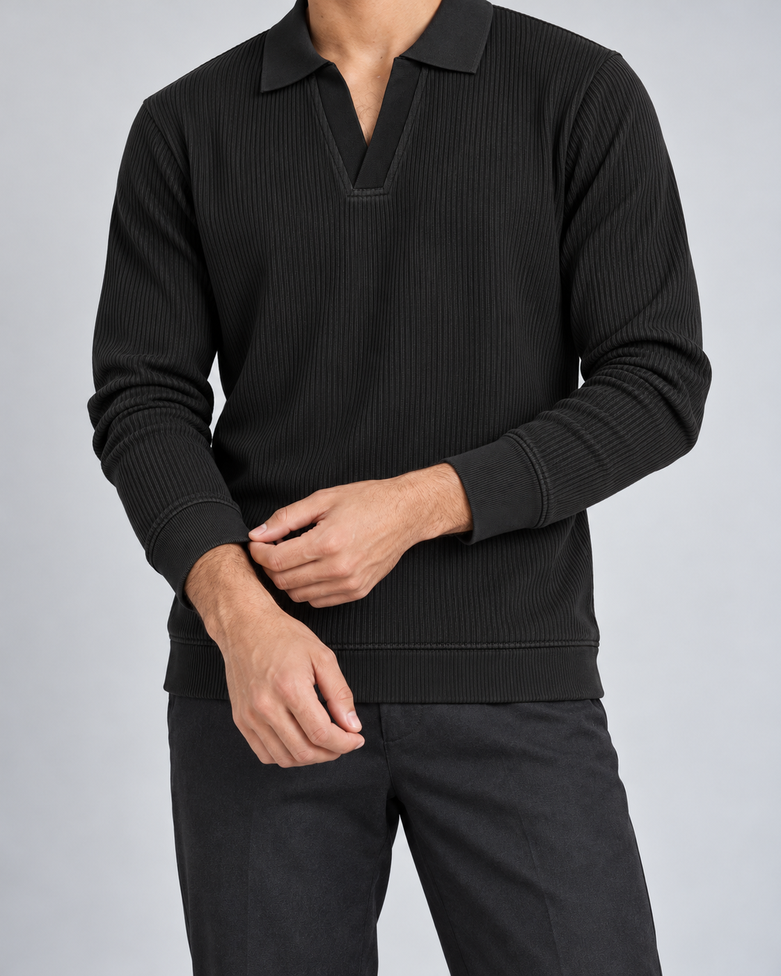 The Johnny Waffle Knit Polo — Classic Black