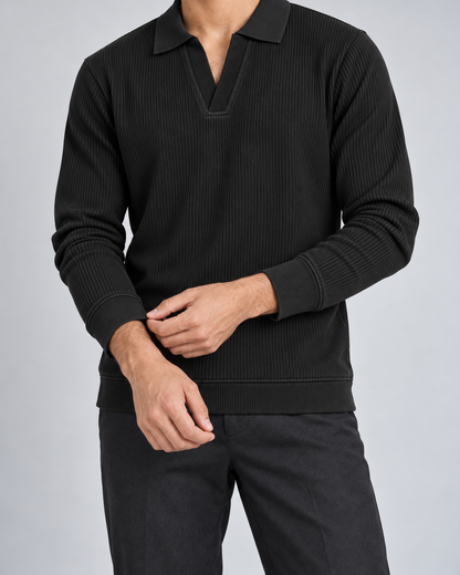 The Johnny Waffle Knit Polo — Classic Black