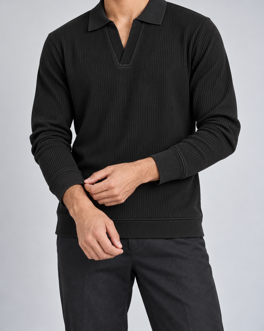 The Johnny Waffle Knit Polo — Classic Black