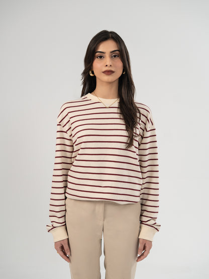 Striped Crewneck - Cream & Maroon