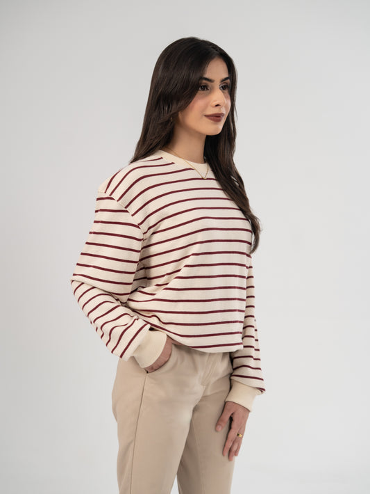 Striped Crewneck - Cream & Maroon