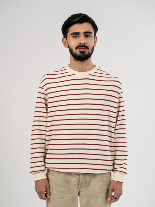 Striped Crewneck - Cream & Maroon
