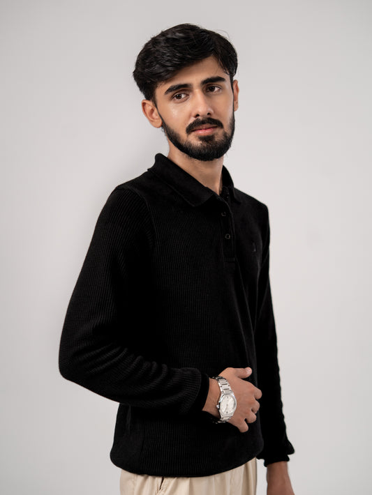 CLASSIC KNIT POLO SWEATER - BLACK