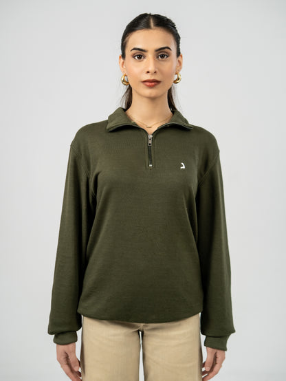 Soft Knit Zip Sweater - Olive Green