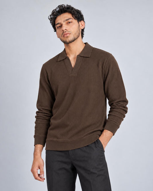 The Johnny Waffle Knit Polo — Mocha Brown